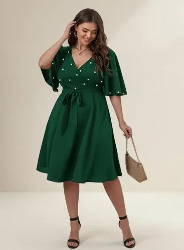 Vestido Fiesta Talla Grande Gasa Con Perlas Manga Vg 100