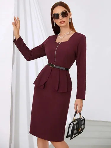 Vestido Peplum Delgado Cuello Cuadrado Sin Cinturón Va 507 Bordó Xl