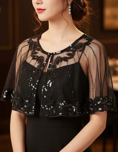 Bolero Fiesta Chal  Lentejuelas Capa De Fiesta Accesorio P13 Negro Única