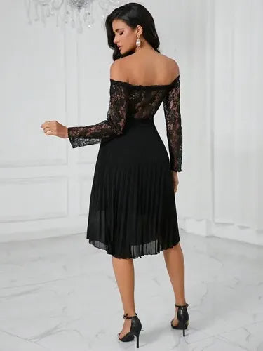 Vestido Hombros Descubiertos Manga Larga Encaje Va 598 Negro S