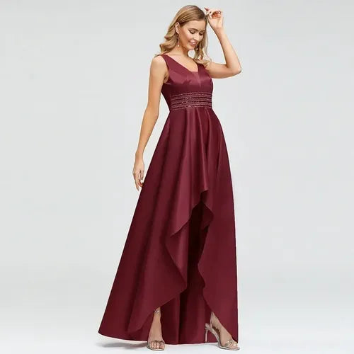 Vestido Fiesta Largo Asimetrico Burdeo Ep 169