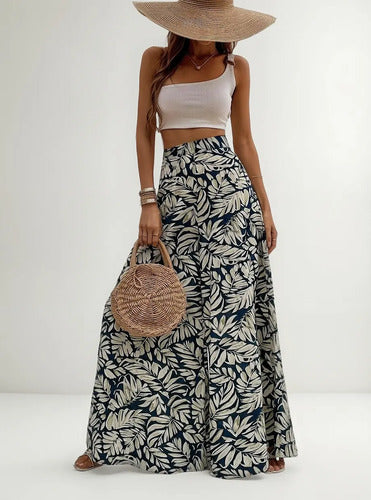 Pantalón estampado azul y verde de pierna ancha