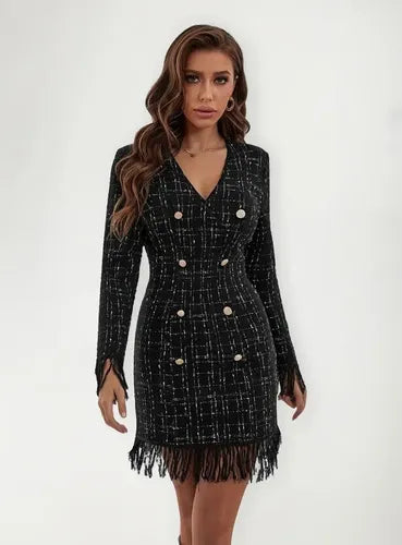 Vestido Tweed Ajustado Cóctel Ribete Con Fleco Va 510