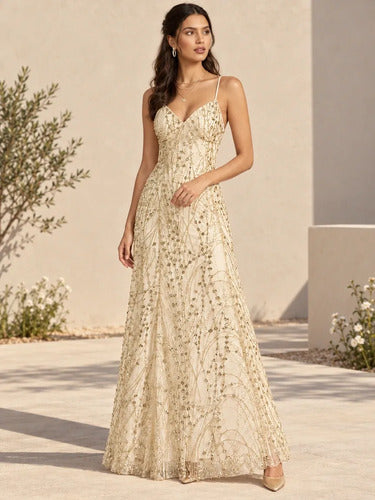 Vestido largo dorado de lentejuelas para gala