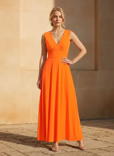 Vestido largo azul y naranja evasé escote V