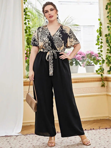 Entero Jumpsuit Talla Grande Escote Cruzado Cinturón Vg 203