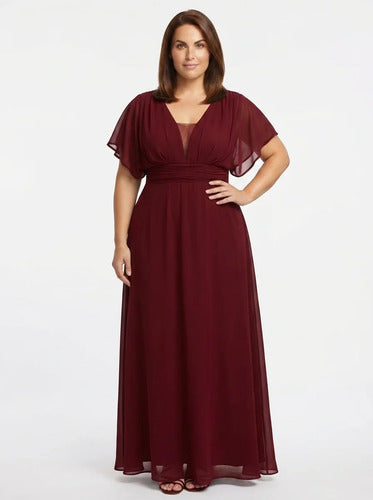 Vestido largo de fiesta evasé en gasa con manga corta