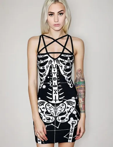 Vestido Negro Print Esqueleto  Vd 35 Negro M