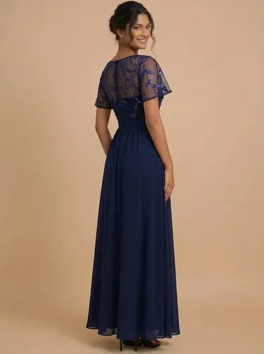 Vestido largo de fiesta gasa azul y bordo evasé