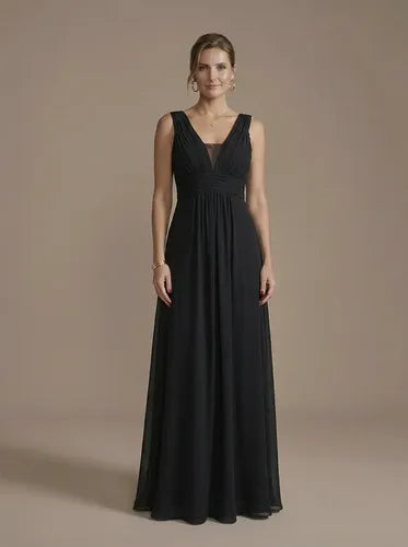 Vestido largo negro de fiesta escote V evasé