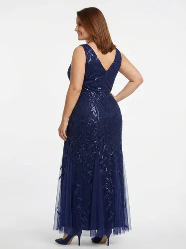 Vestido largo de fiesta corte sirena en tul y lentejuelas