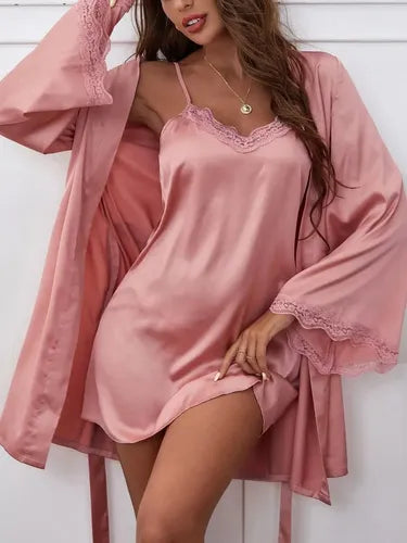 Camisón Y Bata Satín Lencería Set De Pijama Babydolls Pj 04