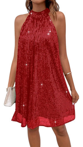 Vestido Mujer Corto Fiesta Lentejuelas Cuello Halter Vl 73