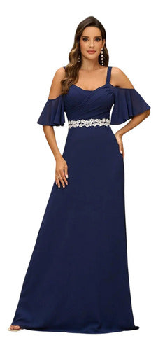 Vestido Fiesta Largo Gasa Matrimonio Bordado Mangas Ep 436