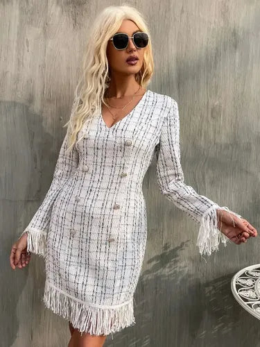 Vestido Tweed Ajustado Cóctel Ribete Con Fleco Va 510