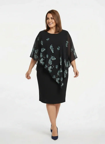 Vestido midi negro manga murciélago evasé talla grande
