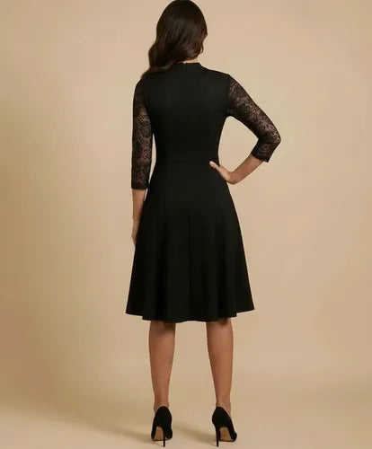 Vestido midi negro retro con manga de encaje y vuelo