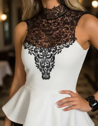 Vestido Blanco Encaje Negro Peplum Va 65 Negro M