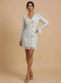 Vestido corto beige y negro tweed con fleco manga larga