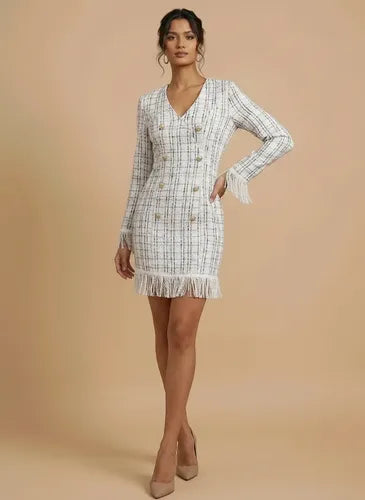 Vestido corto beige y negro tweed con fleco manga larga