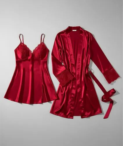 Camisón Y Bata Satín Lencería Set De Pijama Babydolls Pj 11 Burdeo M