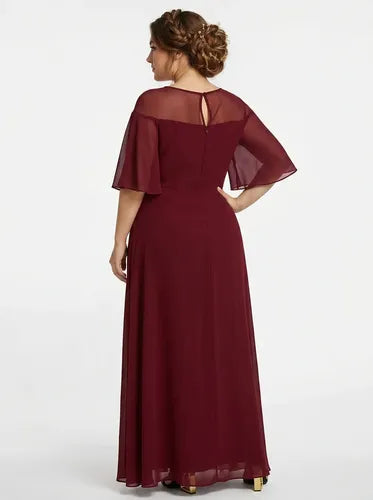 Vestido largo evasé bordó manga 3/4, talla grande