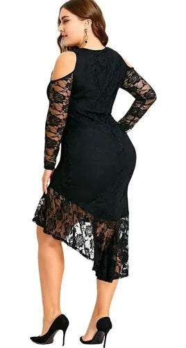 Vestido Negro De Encajes Asimétrico Talla Grande Vg 32 Negro Xl
