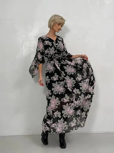 Vestido Largo Gasa Con Flores Vintage Femenino Vd 117