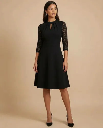 Vestido midi negro retro con manga de encaje y vuelo