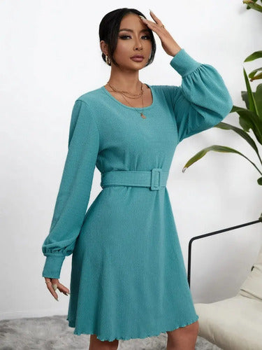 Vestido Con Cinturón Manga Larga Vintage Va 519 Turquesa M