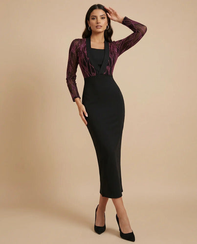 Vestido largo negro brillos cuello cuadrado