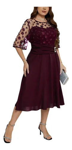 Vestido Fiesta Talla Grande Cuello Redondo Mangas