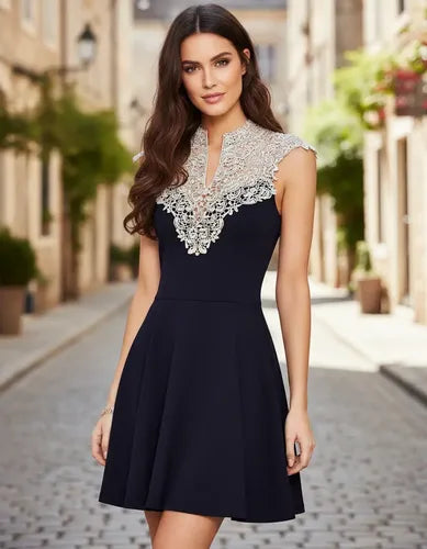 Vestido Negro Encaje Blanco Va 66