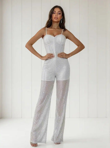 Entero Jumpsuit Mono Lentejuelas Fiesta  El 217 Blanco M