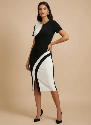Vestido midi bodycon blanco y negro cuello redondo