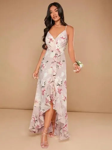 Vestido Forrado Estampado Dama De Honor Cruzado Vd 120 Rosa S