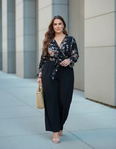 Mono palazzo negro con cinturón, talla grande