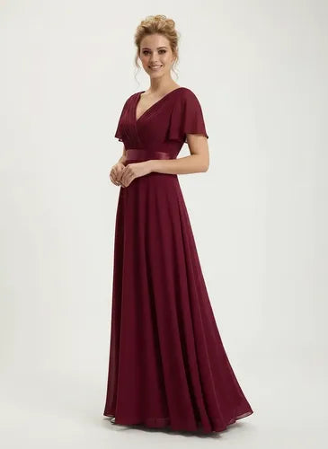 Vestido largo dama de honor en gasa escote V