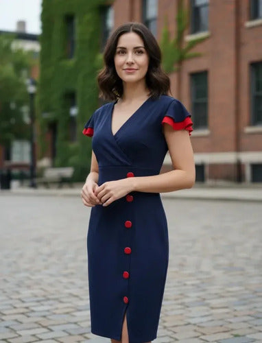 Vestido Formal Azul Marino Oficina Modelo Va 336 Azul L