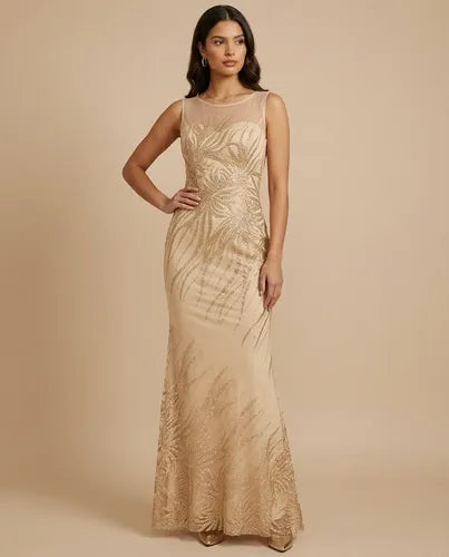 Vestido largo sirena beige hombros descubiertos