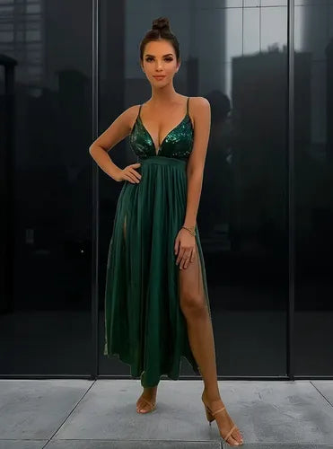 Vestido Fiesta Largo Tul Y  Lentejuelas  Va 467