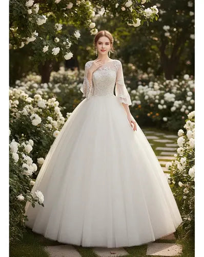 Vestido De Novia Marfil Ivory Princesa Manga Nf 09
