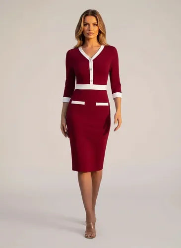 Vestido midi burdeo ajustado manga 3/4 escote V