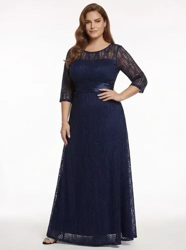 Vestido largo violeta de encaje manga larga