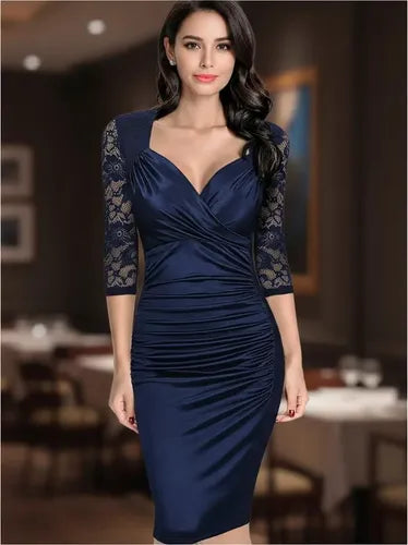 Vestido Azul Manga 3/4 Fiesta Grande Va 221 Azul S