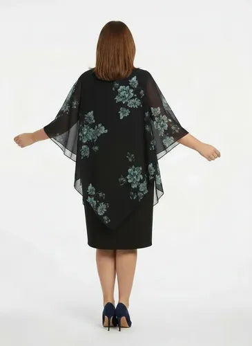Vestido midi negro manga murciélago evasé talla grande
