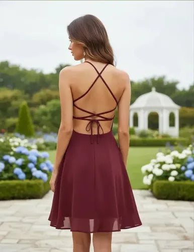 Vestido Corto Gasa Azul Y Burdeo Va 324