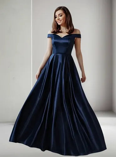 Vestido Largo Satén Fiesta Hombros Descubiertos Ep 141 Azul Oscuro 8