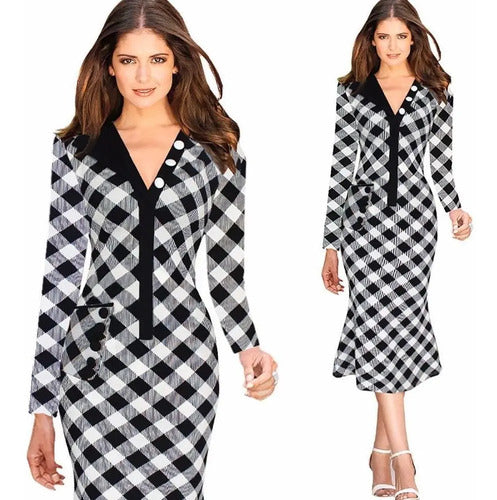 Vestido  Blanco Con Negro Manga Larga Va 150a Blanco L