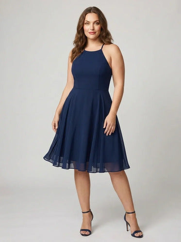 Vestido corto azul y burdeo gasa escote halter